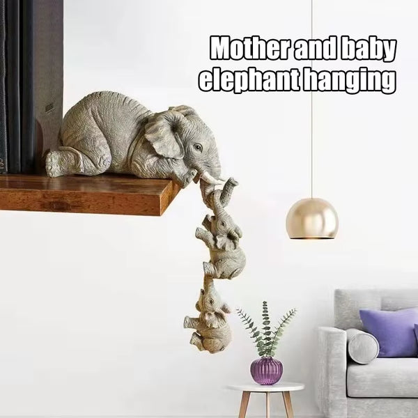 3Pcs/Set Elephant Sitter Hand-Painted Figurines,Full Size M and Two Babies Hanging off the Edge of a Shelf or Table,Resin