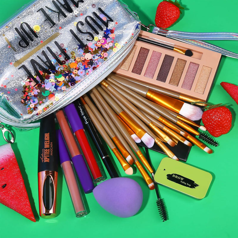 All in One Makeup Set for Women Full Kit - 12 Colors Nude Eyeshadow Palette, Waterproof Black Mascara Eyeliner Pen, 3Pcs Matte Liquid Lipstick Set, Eyebrow Soap Gel Kit, 12 Pcs Brushes Set Makeup Sponge with Makeup Bag Gift Set