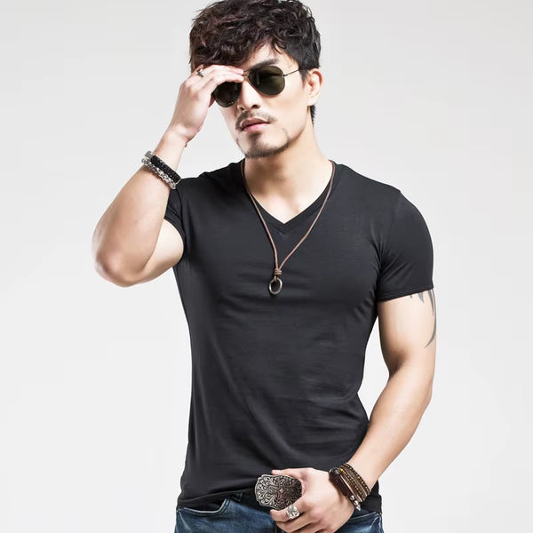 Brand New Mens T Shirt Pure Color V Collar Short Sleeved Men T-Shirt Black Tights Man T-Shirts Fitness for Male Clothes