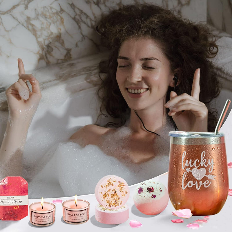 Pink Relaxing Spa Gift Box Basket for Her, Unique Birthday Gift Set for Women, Includes Tumbler, Bath Bomb, Candles, Soap, Shower Steamers, Headband, Hair Clip, Ribbon & Card