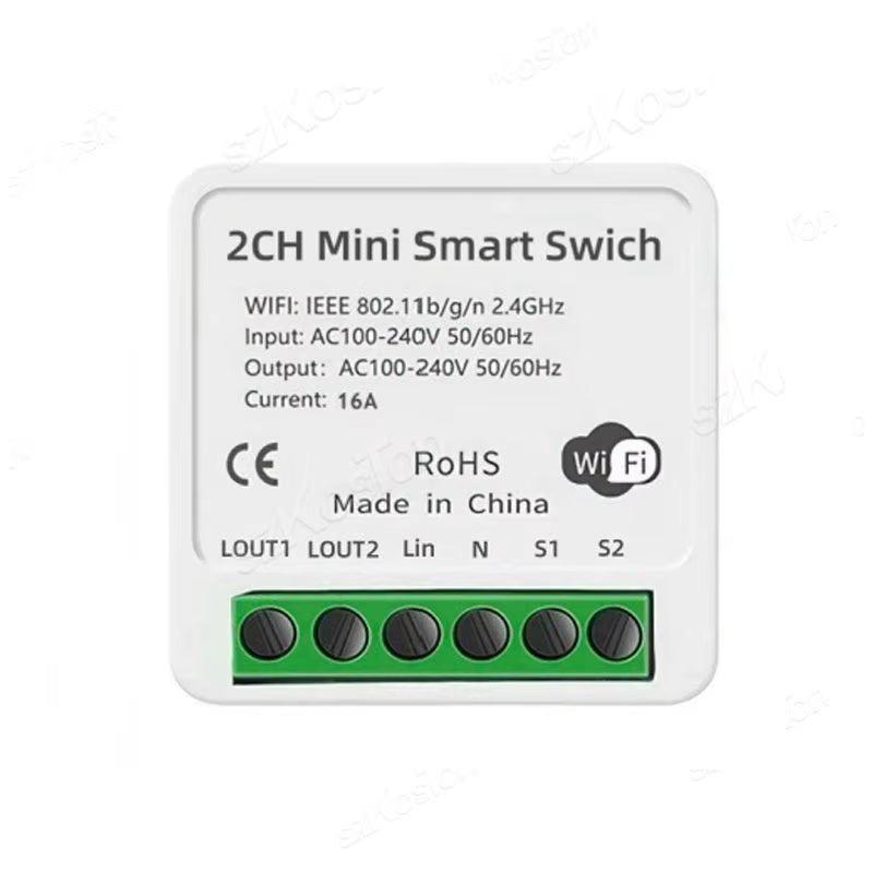 16A Tuya Wifi Smart Switch Module 2CH Smart Home Mini DIY Light Breaker Timer Voice Control Works with Alexa Google Home