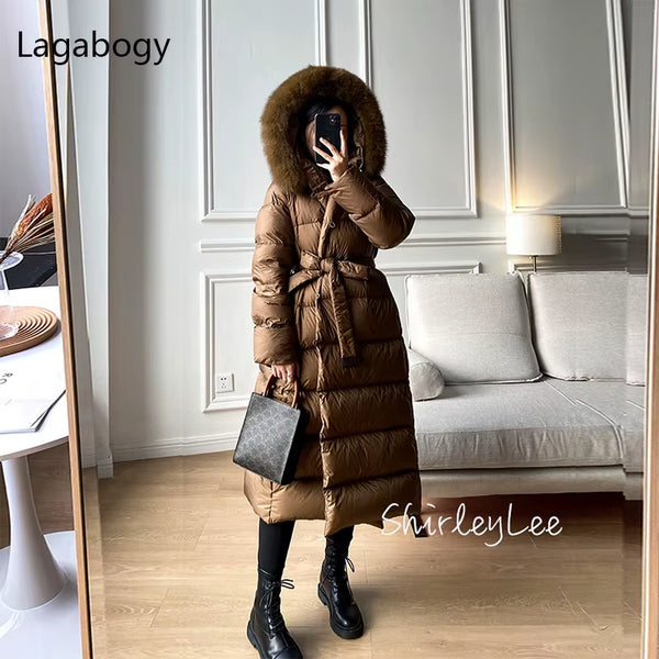 2025 Winter Women 90% White Duck down Jackets Ultra Light Warm Long Parkas Real Fox Fur Collar Female Hooded Snow Coats