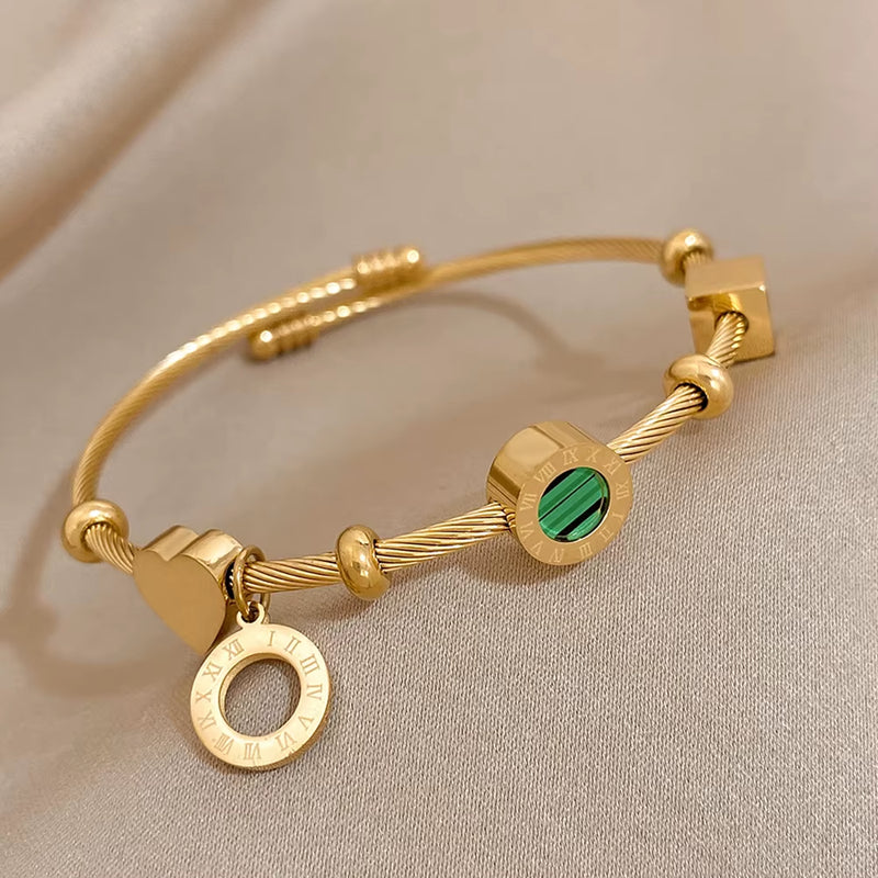 316L Stainless Steel Malachite Roman Letters Charm Bangles Bracelets for Women Gold Color Waterproof Wrist Jewelry Gift