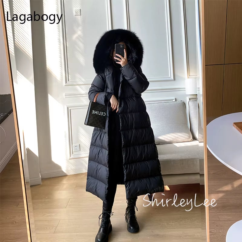 2025 Winter Women 90% White Duck down Jackets Ultra Light Warm Long Parkas Real Fox Fur Collar Female Hooded Snow Coats
