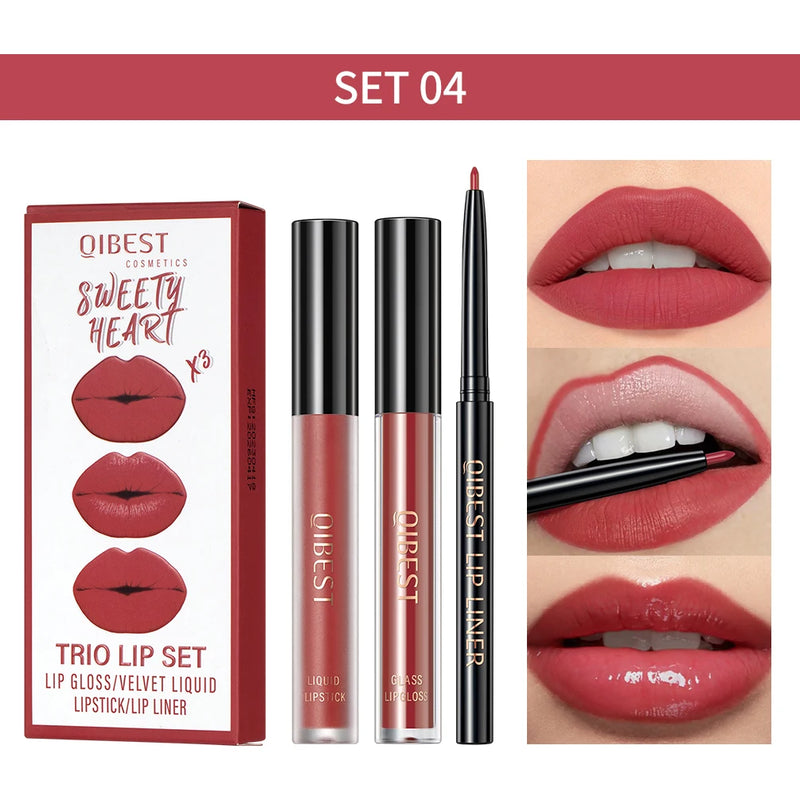 3Pcs Lip Makeup Sets Lip Gloss Glaze Tint Long-Lasting Matte Liquid Lipstick Waterproof Sweatproof Lip Liner Pencil Contour Kits