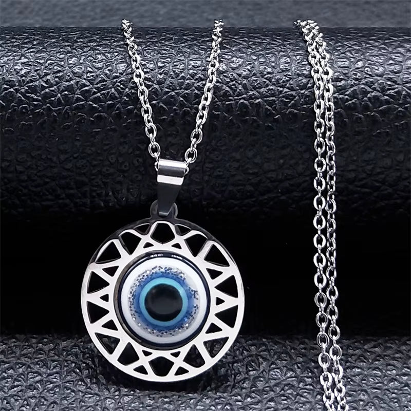 Fashion Turkish Blue Eye Pendant Necklace Stainless Steel Silver Color Blue Lucky Eyes Necklaces Gift Jewelry Collier N8023S01