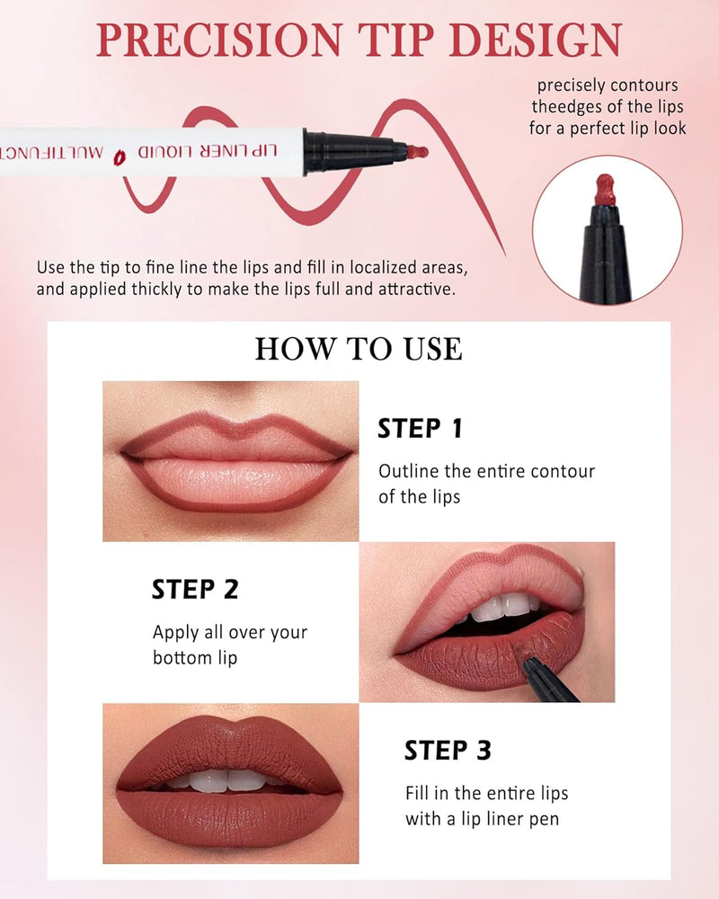 2 Colors Lip Stain Marker Pen, Dark Red Pink Lip Liner Pencil, Matte Finish Lip Tint Stain Liquid Lipstick, Longlasting Smudge-Proof Waterproof Lipliner, Precise Pen Tip, Makeup Gift for Women-01+02