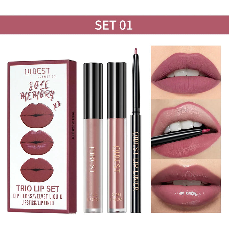 3Pcs Lip Makeup Sets Lip Gloss Glaze Tint Long-Lasting Matte Liquid Lipstick Waterproof Sweatproof Lip Liner Pencil Contour Kits