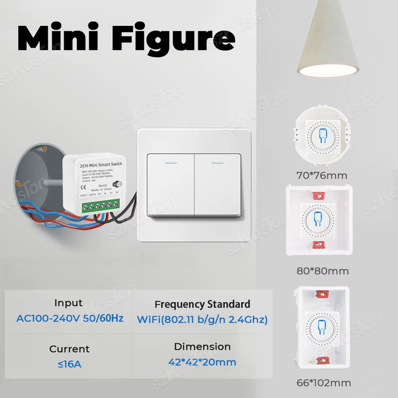 16A Tuya Wifi Smart Switch Module 2CH Smart Home Mini DIY Light Breaker Timer Voice Control Works with Alexa Google Home