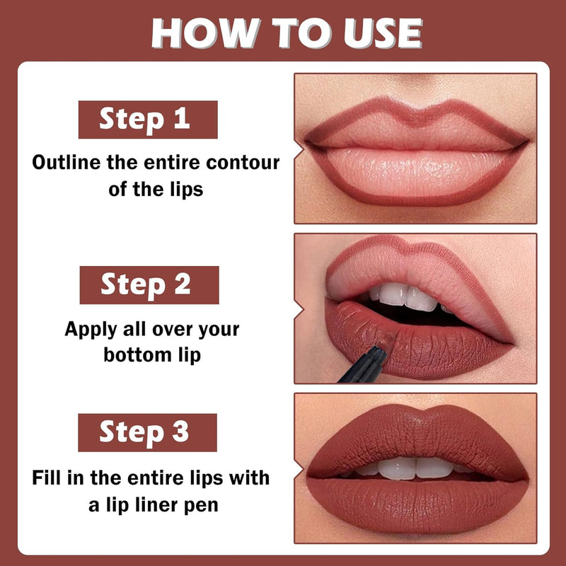 2PCS Lip Tint Stain Marker Dark Red Matte Liquid Lipstick & Lip Liner Pencil Long Lasting Waterproof Lip Liner Stain Non-Stick Cup Lip Makeup Stain Liner Marker + 01Dark Red + 06 Cherry Red