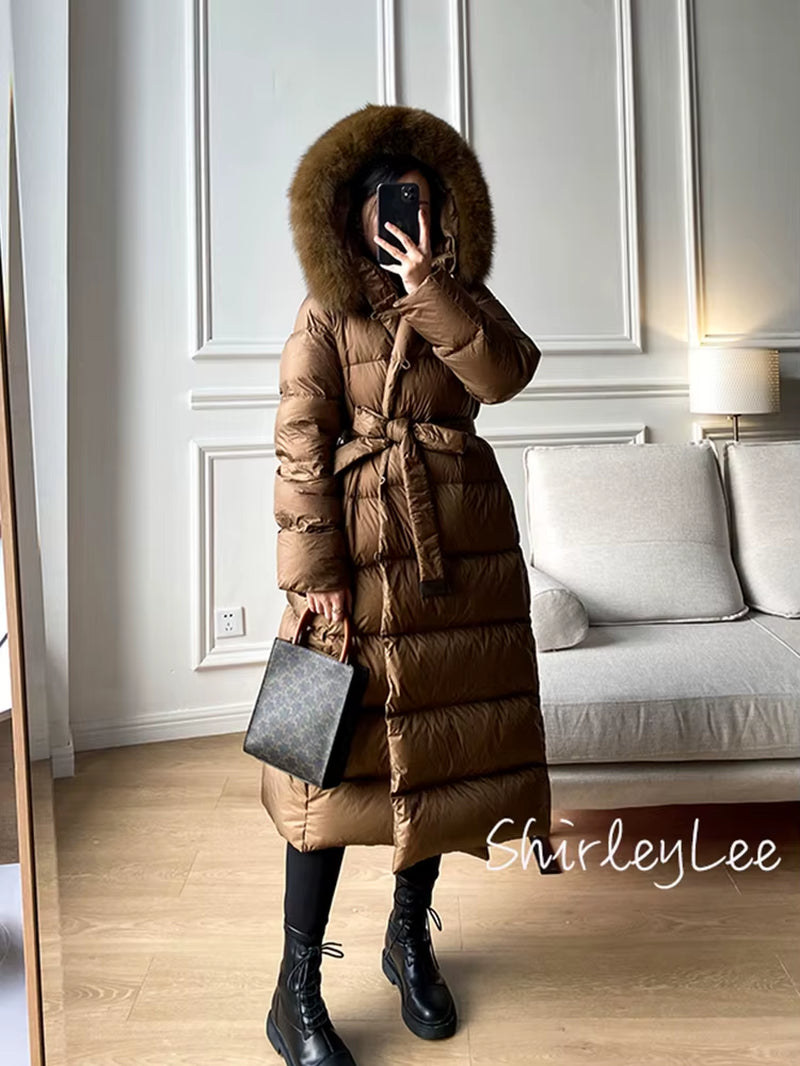 2025 Winter Women 90% White Duck down Jackets Ultra Light Warm Long Parkas Real Fox Fur Collar Female Hooded Snow Coats