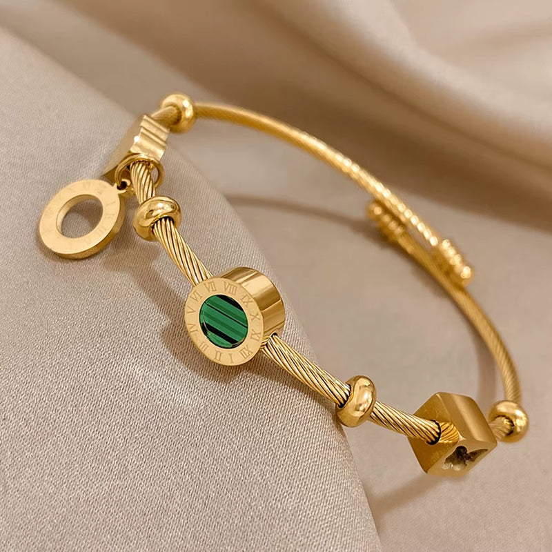 316L Stainless Steel Malachite Roman Letters Charm Bangles Bracelets for Women Gold Color Waterproof Wrist Jewelry Gift