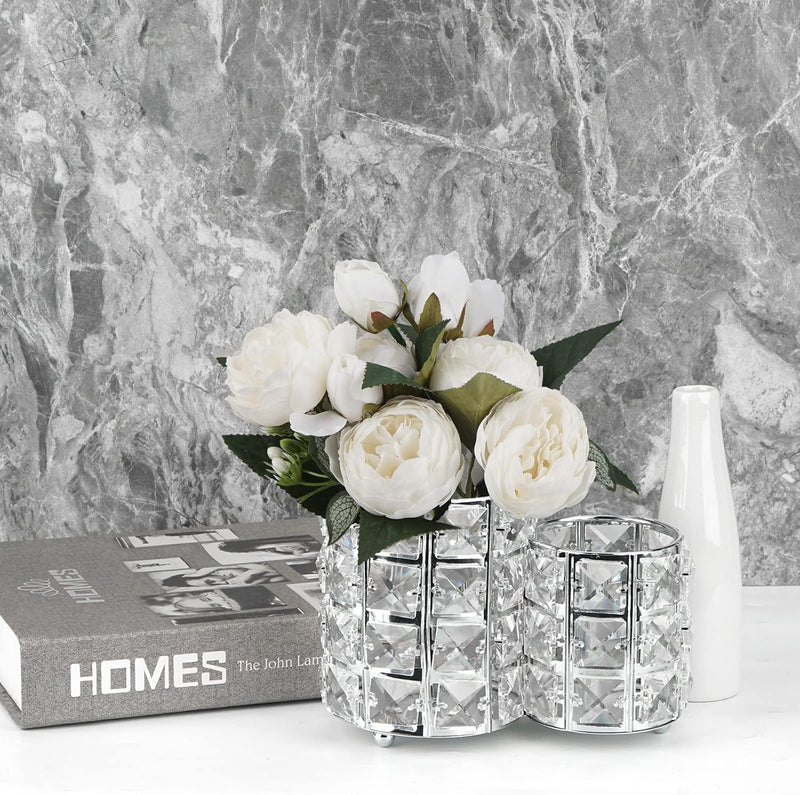 Crystal Makeup Brush Holder Organizer, Cosmetic Makeup Brush Storage Container Cup for Table, Dresser, Bathroom, Bedroom Organization, One-Piece Circular Brush Organizer (Silver)