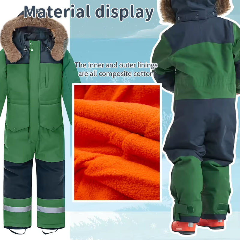 Baby Girls Boys One-Piece Ski Suits Children'S Snowboarding Fur Hooded Thick Windproof Warm Skiing Sports Clothes for Winter