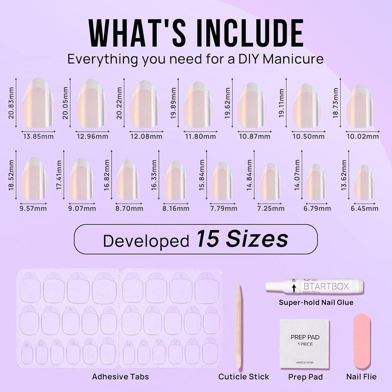 French Tip Press on Nails -  White Press on Nails Almond, Medium Glue on Nails with Nail Glue, Reusable Stick on Nails in 15 Sizes - 30 Soft Gel Fake Nails Kit, Classic
