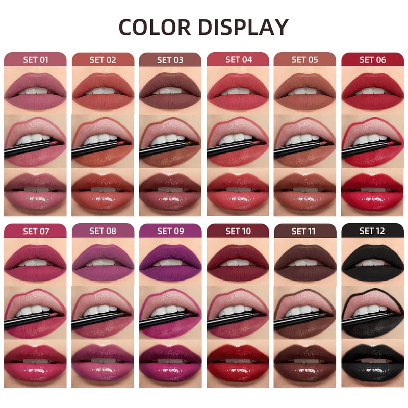 3Pcs Lip Makeup Sets Lip Gloss Glaze Tint Long-Lasting Matte Liquid Lipstick Waterproof Sweatproof Lip Liner Pencil Contour Kits