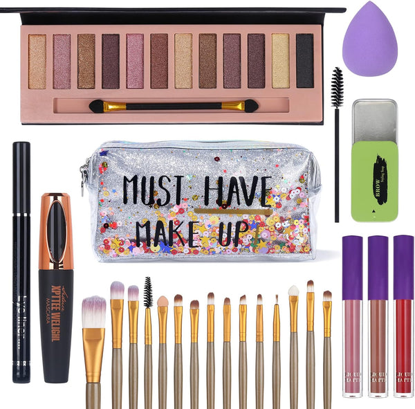 All in One Makeup Set for Women Full Kit - 12 Colors Nude Eyeshadow Palette, Waterproof Black Mascara Eyeliner Pen, 3Pcs Matte Liquid Lipstick Set, Eyebrow Soap Gel Kit, 12 Pcs Brushes Set Makeup Sponge with Makeup Bag Gift Set