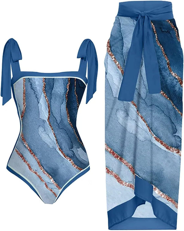 Women'S One Piece Swimsuit with Beach Cover up Wrap Skirt,One Piece Bathing Suit for Women with Beach Cover up Wrap Blue