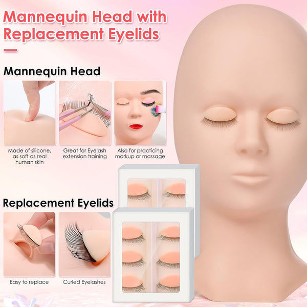 Professional Lash Extension Kit for Eyelash Extension Practice: Mannequin Head with Replaced Eyelids, Glue, Lash Remover, Lashes, Lash Tech Must Haves Training Set, Lash Kits Tools for Beginner