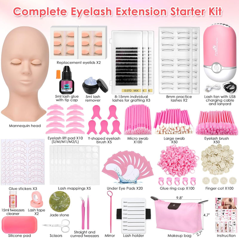Professional Lash Extension Kit for Eyelash Extension Practice: Mannequin Head with Replaced Eyelids, Glue, Lash Remover, Lashes, Lash Tech Must Haves Training Set, Lash Kits Tools for Beginner