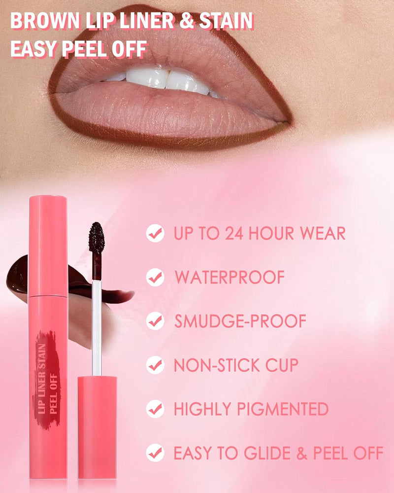 Brown Peel off Lip Liner Stain & Lip Oil Set, Long-Lasting Smudge-Proof Matte Peel off Lip Stain Tint, Hydrating Non-Sticky Tinted Lip Gloss Oil, Plumping Glossy Lip Gloss Lip Combo Makeup for Women-C