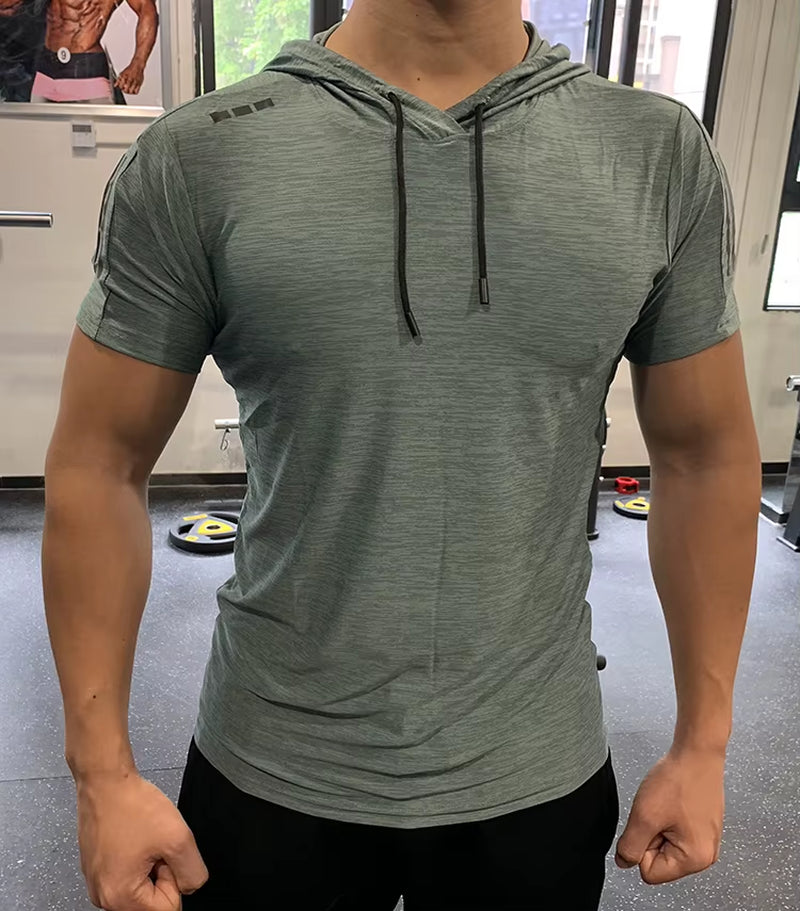 GYM Sport Hooded Running Men T Shirt Fitness Slim High Elasticity Breathable Quick Dry Bodybuilding Mens Tshirt Men Tee Tops