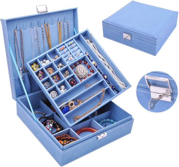 Travel Jewelry Organizer Storage Case & Two Layers Lint Wooden Jewelry Box Organizer Display Storage Case with Lock