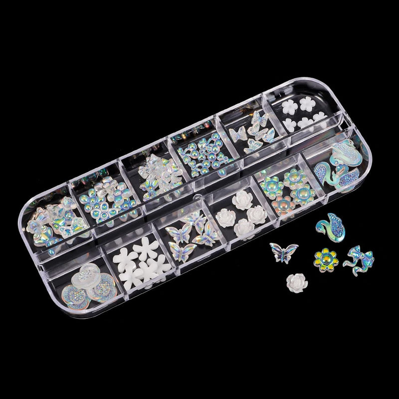 3D Acrylic Butterfly Flowers for Nails, Bear Charms, Flat Accessories - 24 Styles Starry AB Gems, Stones, Pearls, Gold Metal for DIY Art Designs and Jewelry Making