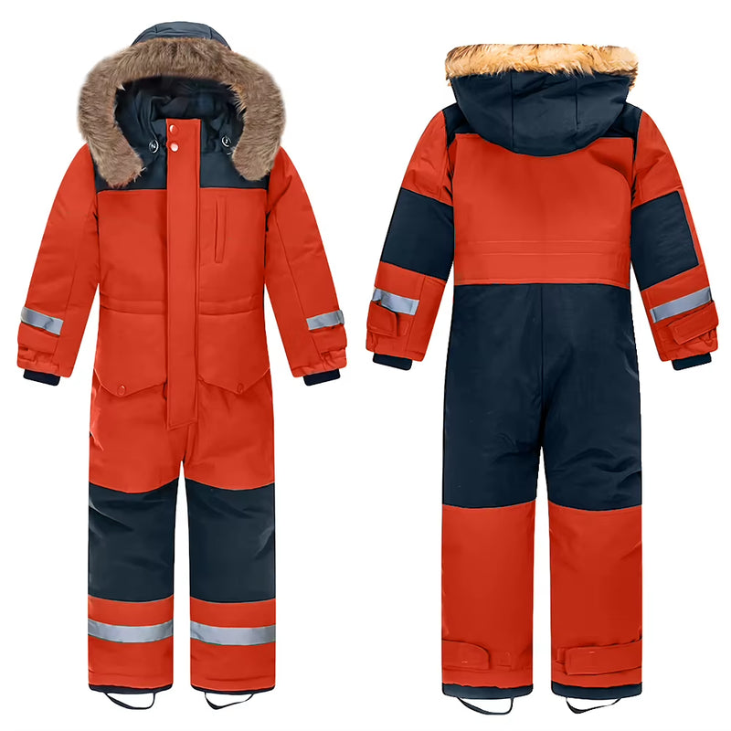 Baby Girls Boys One-Piece Ski Suits Children'S Snowboarding Fur Hooded Thick Windproof Warm Skiing Sports Clothes for Winter