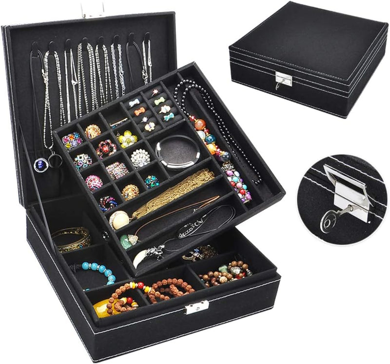 Travel Jewelry Organizer Storage Case & Two Layers Lint Wooden Jewelry Box Organizer Display Storage Case with Lock