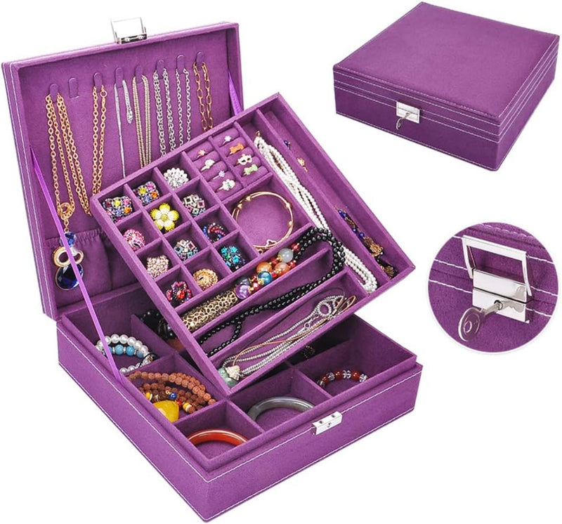 Travel Jewelry Organizer Storage Case & Two Layers Lint Wooden Jewelry Box Organizer Display Storage Case with Lock