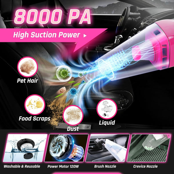 35PCS Car Detailing Kit Interior Cleaner with High Power Handheld Vacuum,Car Wash Kit with Detailing Brush Set,Car Interior Detailing Kit,Pink Car Accessories for Motorcycle,Cars Gifts for Women