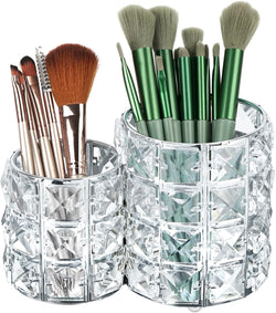 Crystal Makeup Brush Holder Organizer, Cosmetic Makeup Brush Storage Container Cup for Table, Dresser, Bathroom, Bedroom Organization, One-Piece Circular Brush Organizer (Silver)