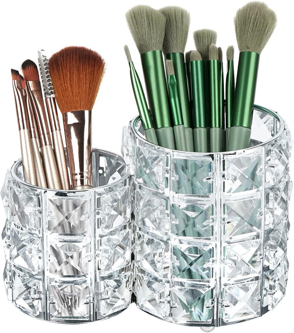 Crystal Makeup Brush Holder Organizer, Cosmetic Makeup Brush Storage Container Cup for Table, Dresser, Bathroom, Bedroom Organization, One-Piece Circular Brush Organizer (Silver)