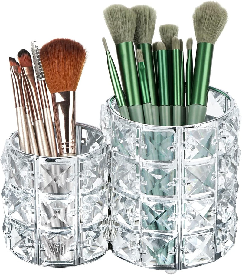 Crystal Makeup Brush Holder Organizer, Cosmetic Makeup Brush Storage Container Cup for Table, Dresser, Bathroom, Bedroom Organization, One-Piece Circular Brush Organizer (Silver)