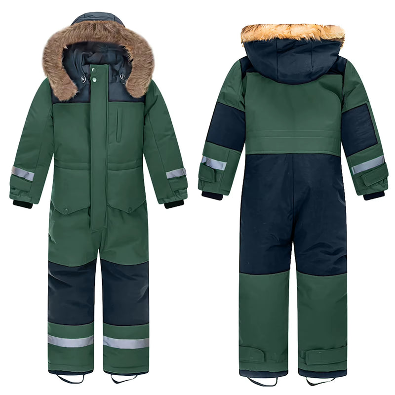 Baby Girls Boys One-Piece Ski Suits Children'S Snowboarding Fur Hooded Thick Windproof Warm Skiing Sports Clothes for Winter