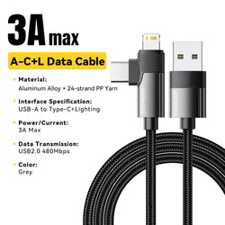 PD 2 in 1 USB a Cable 90 Degree Angle Type C/Lightning Fast Charging Cable for Iphone 16 15 14Pro Max Ipad Xiaomi Huawei