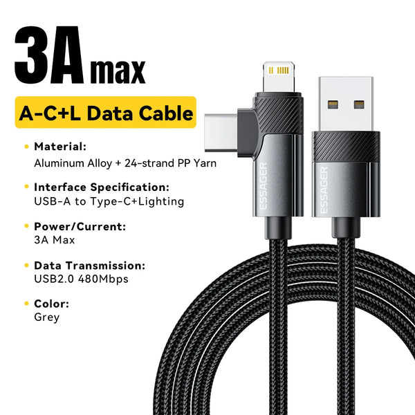 PD 2 in 1 USB a Cable 90 Degree Angle Type C/Lightning Fast Charging Cable for Iphone 16 15 14Pro Max Ipad Xiaomi Huawei