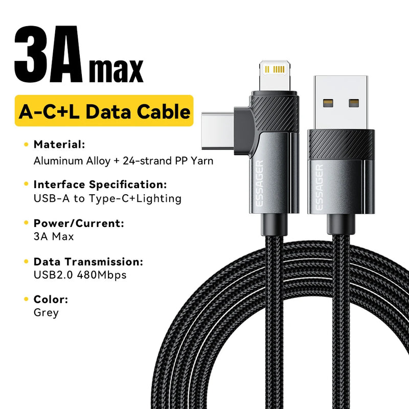 PD 2 in 1 USB a Cable 90 Degree Angle Type C/Lightning Fast Charging Cable for Iphone 16 15 14Pro Max Ipad Xiaomi Huawei
