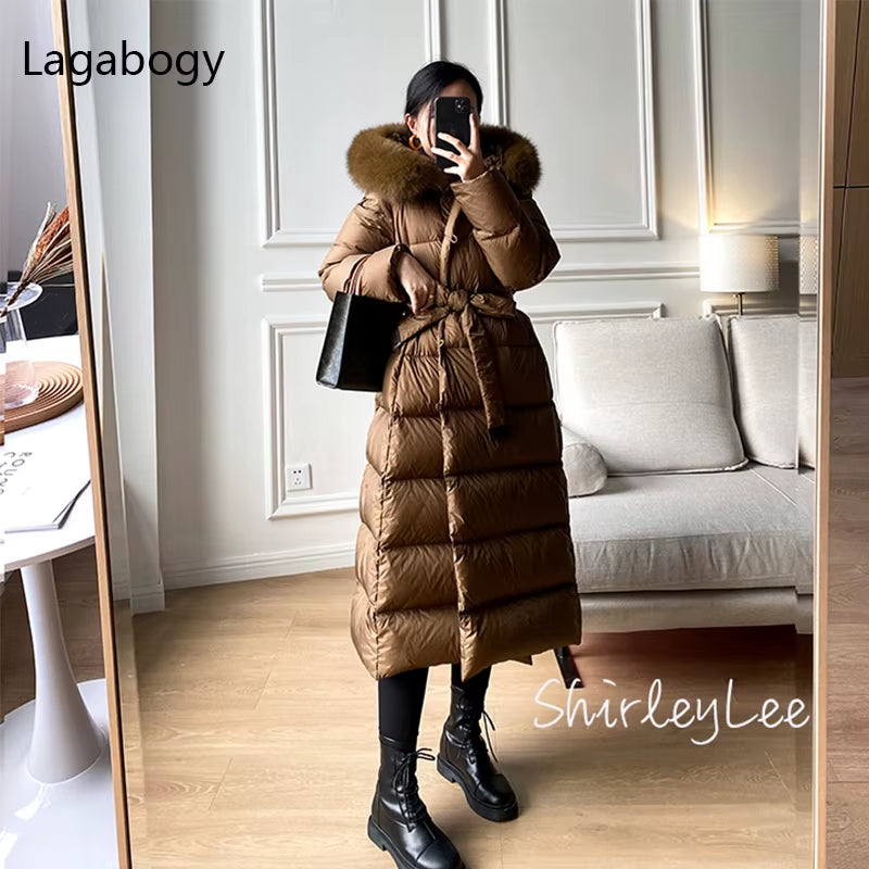 2025 Winter Women 90% White Duck down Jackets Ultra Light Warm Long Parkas Real Fox Fur Collar Female Hooded Snow Coats
