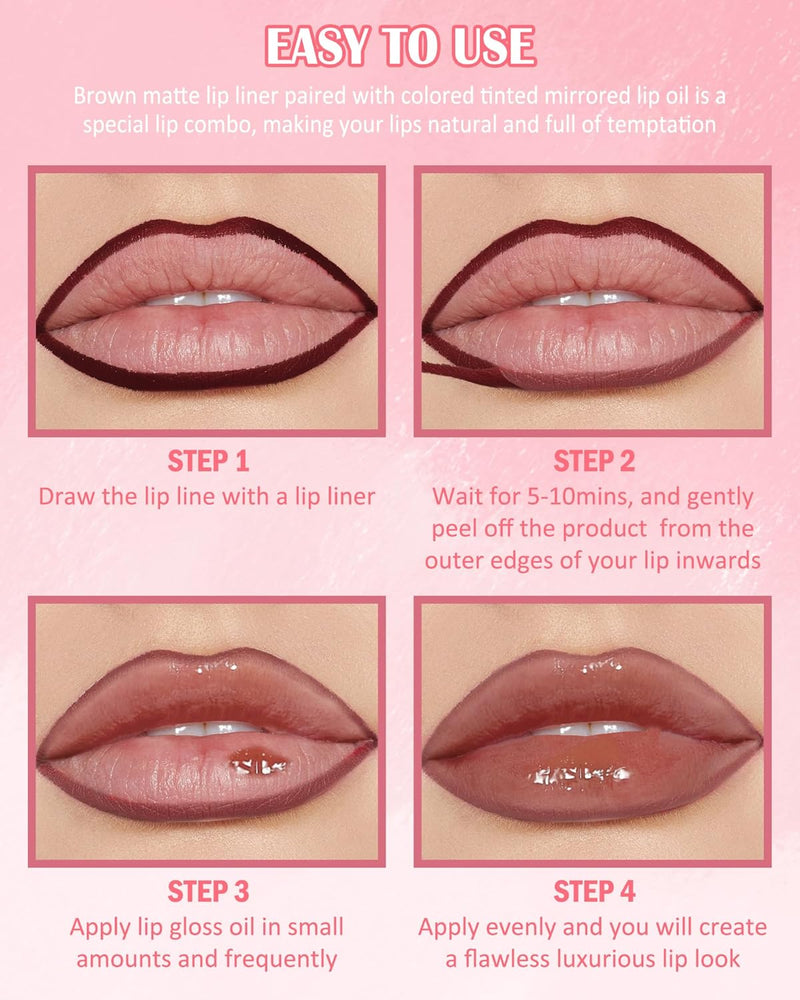 Brown Peel off Lip Liner Stain & Lip Oil Set, Long-Lasting Smudge-Proof Matte Peel off Lip Stain Tint, Hydrating Non-Sticky Tinted Lip Gloss Oil, Plumping Glossy Lip Gloss Lip Combo Makeup for Women-C