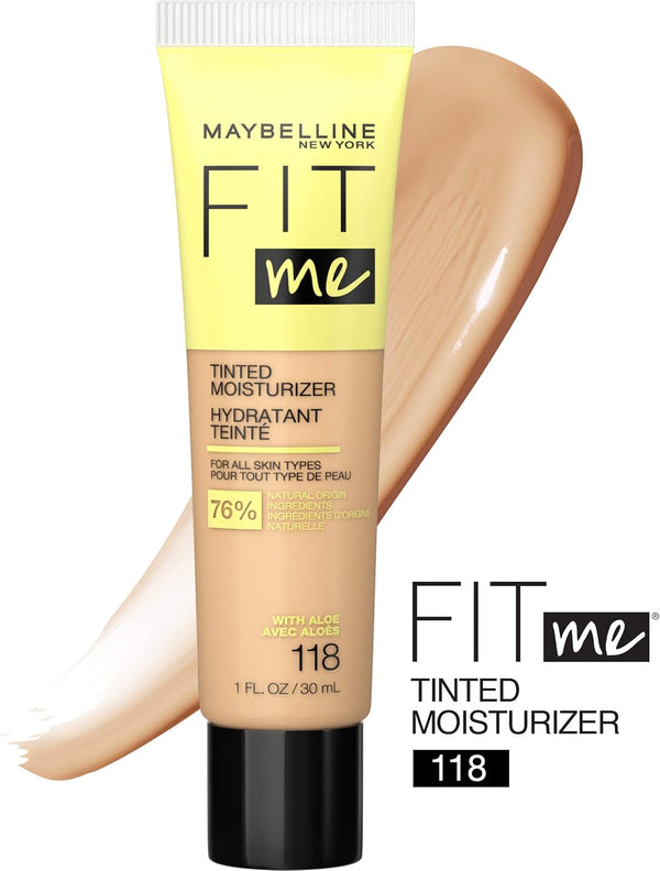 New York Fit Me Tinted Moisturizer, Fresh Feel, Natural Coverage, 12H Hydration, Evens & Conceals Imperfections for All Skin Types and Tones, 118, 1 Fl Oz