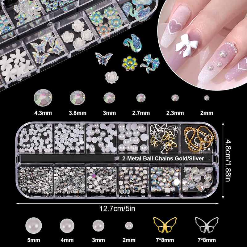 3D Acrylic Butterfly Flowers for Nails, Bear Charms, Flat Accessories - 24 Styles Starry AB Gems, Stones, Pearls, Gold Metal for DIY Art Designs and Jewelry Making