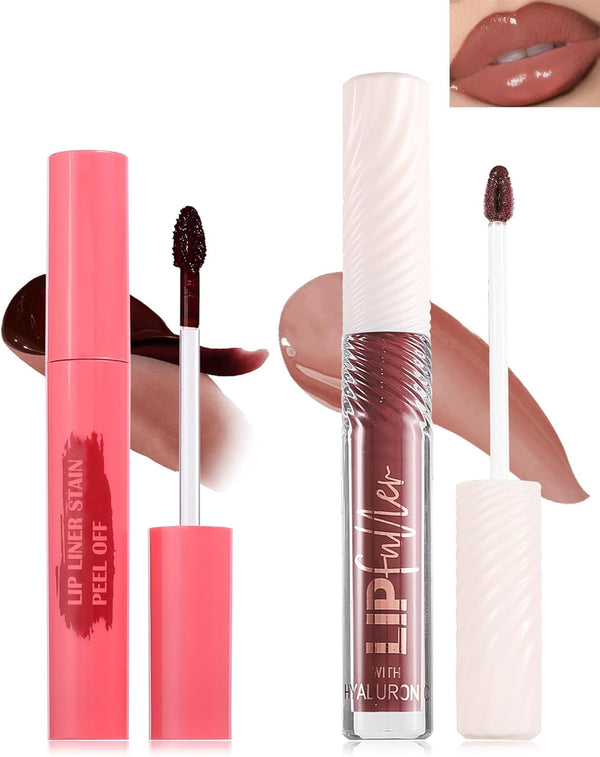 Brown Peel off Lip Liner Stain & Lip Oil Set, Long-Lasting Smudge-Proof Matte Peel off Lip Stain Tint, Hydrating Non-Sticky Tinted Lip Gloss Oil, Plumping Glossy Lip Gloss Lip Combo Makeup for Women-C
