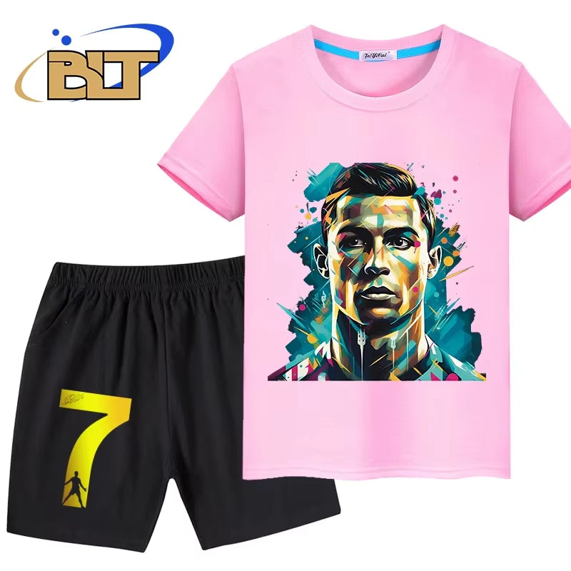 Ronaldo Head Print Children'S Clothing Summer Kids T-Shirt Set Pure Cotton Short-Sleeved Shorts 2-Piece Set Boys and Girls Gifts