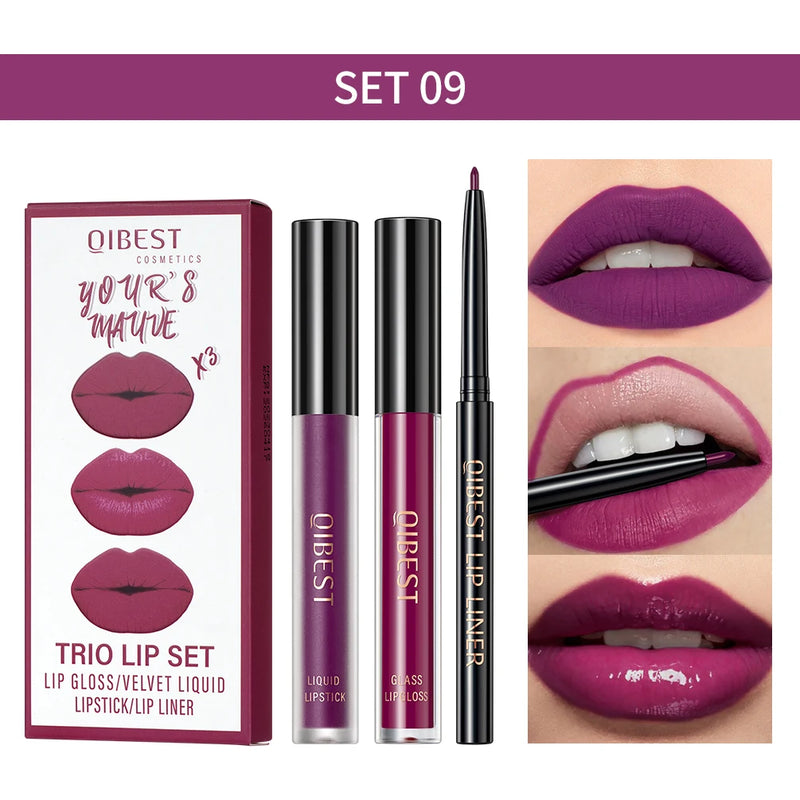 3Pcs Lip Makeup Sets Lip Gloss Glaze Tint Long-Lasting Matte Liquid Lipstick Waterproof Sweatproof Lip Liner Pencil Contour Kits