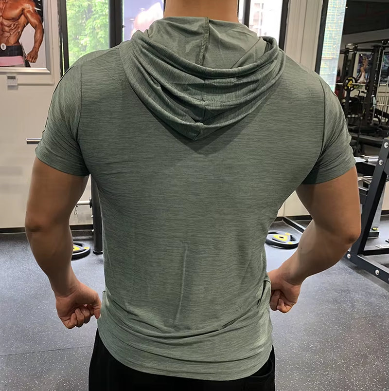 GYM Sport Hooded Running Men T Shirt Fitness Slim High Elasticity Breathable Quick Dry Bodybuilding Mens Tshirt Men Tee Tops
