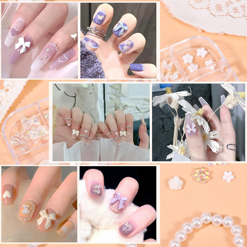 3D Acrylic Butterfly Flowers for Nails, Bear Charms, Flat Accessories - 24 Styles Starry AB Gems, Stones, Pearls, Gold Metal for DIY Art Designs and Jewelry Making