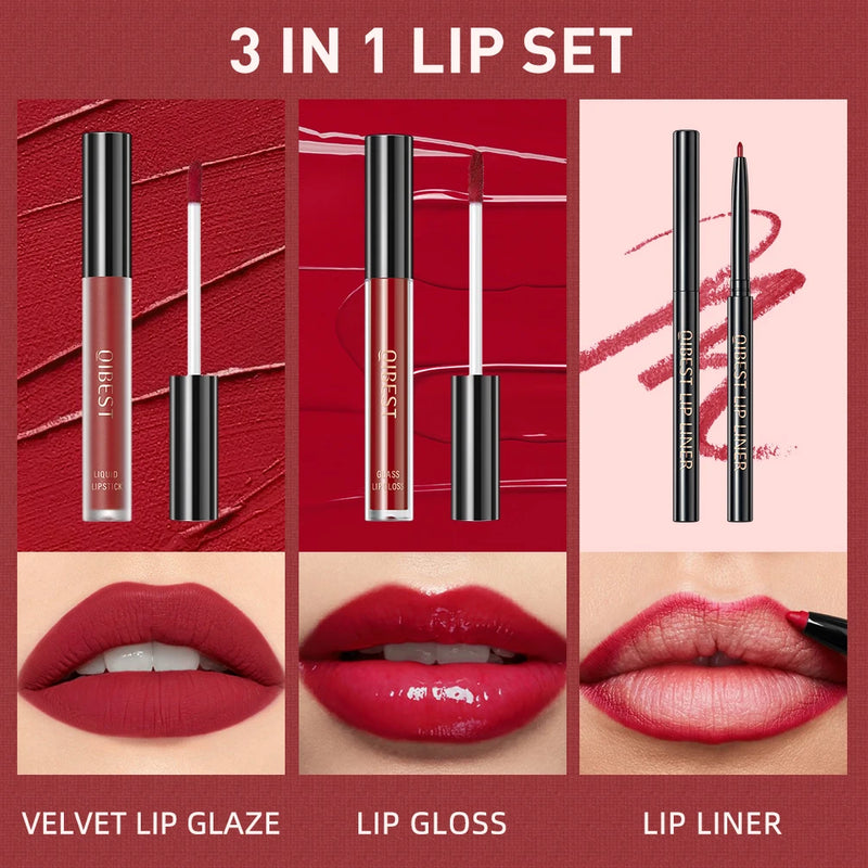 3Pcs Lip Makeup Sets Lip Gloss Glaze Tint Long-Lasting Matte Liquid Lipstick Waterproof Sweatproof Lip Liner Pencil Contour Kits