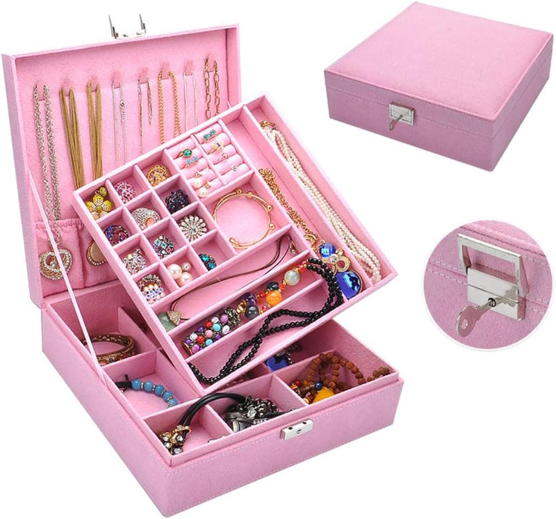 Travel Jewelry Organizer Storage Case & Two Layers Lint Wooden Jewelry Box Organizer Display Storage Case with Lock